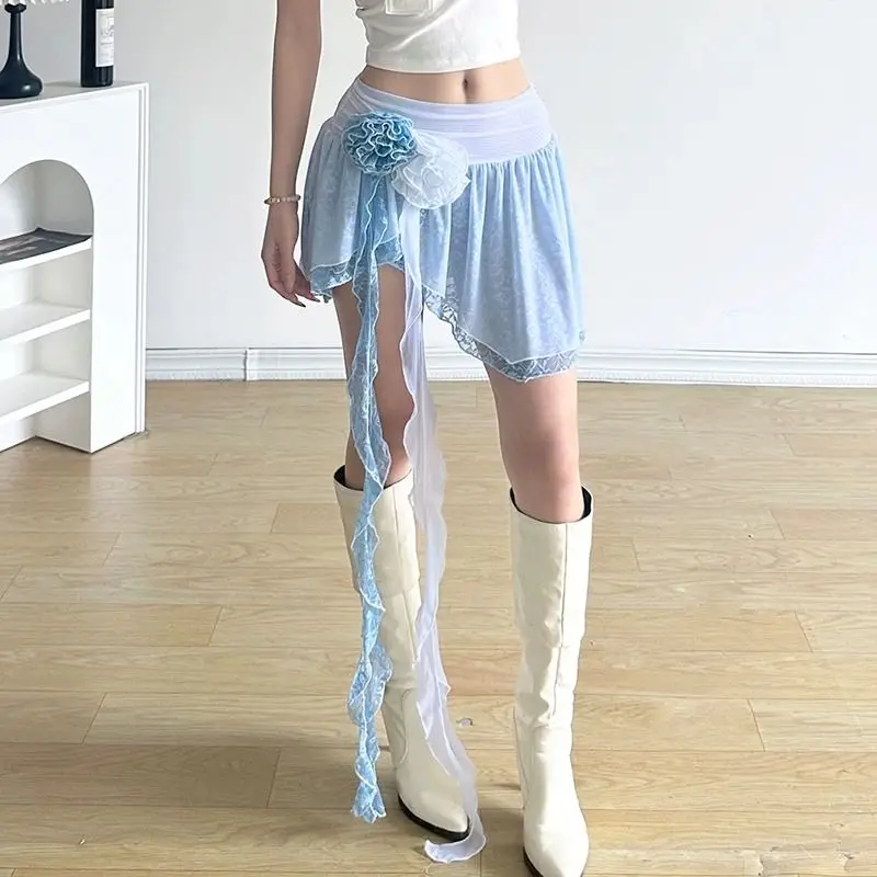 Y2k Skirt Women Sexy Flower Ribbon Mesh Asymmetrical Pleated Mini Skirts 2025 New High Street Slim Fashion Faldas Chic