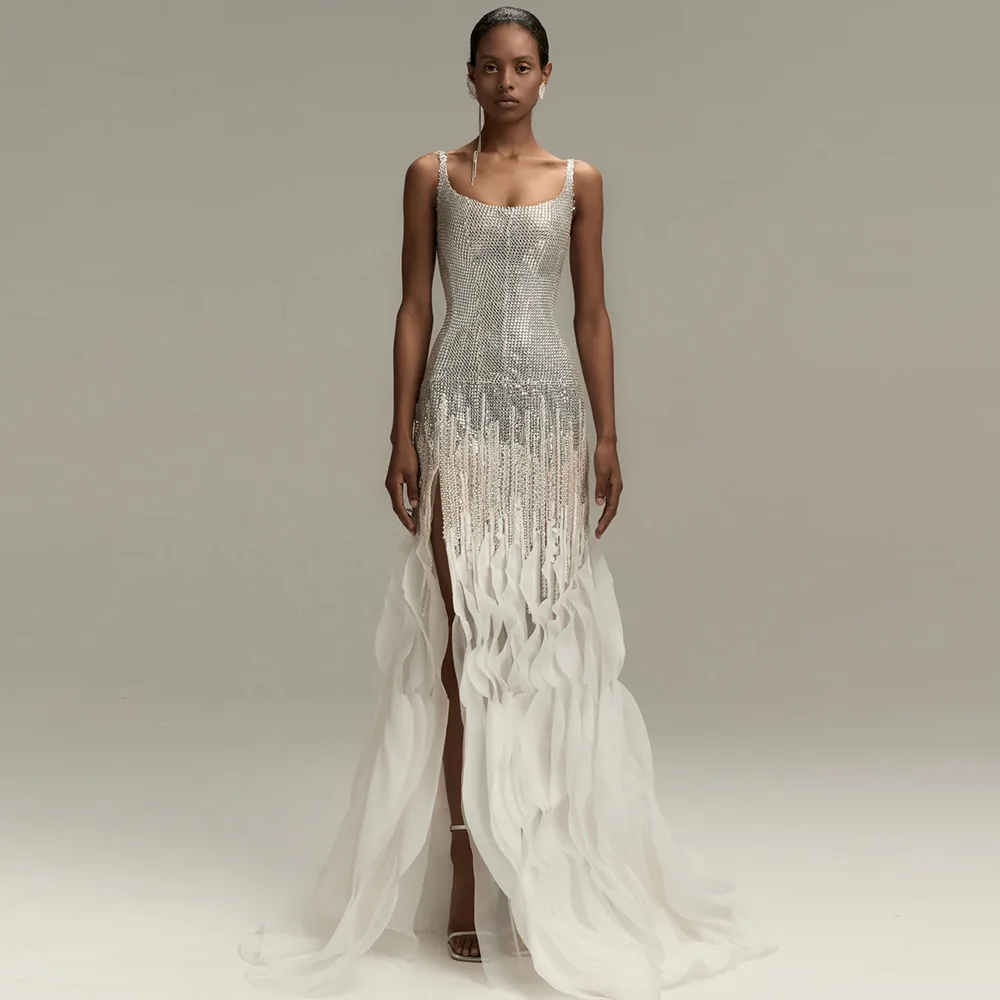 

High Quality Ruffles Organza Customized Wedding Dress Classic Scoop Spaghetti Straps Bridal Gowns Sexy Side Slit Robe de mariée