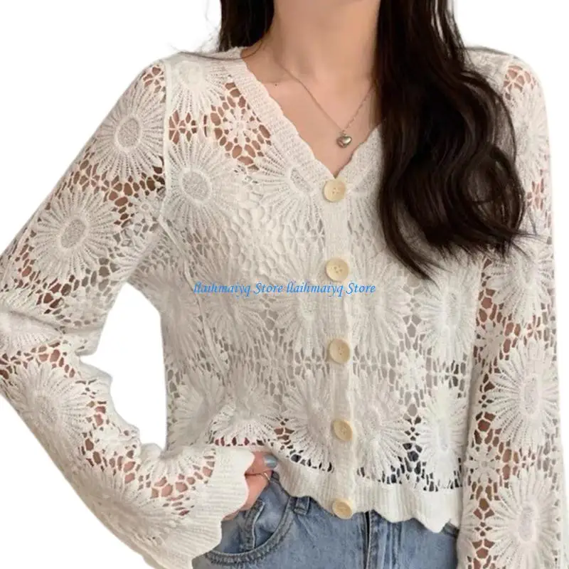 573B Women Long Sleeve Crochet Cardigan V-Neck Open Front Button Loose Sweater Coat Hollow Out Knitted Floral Vintage