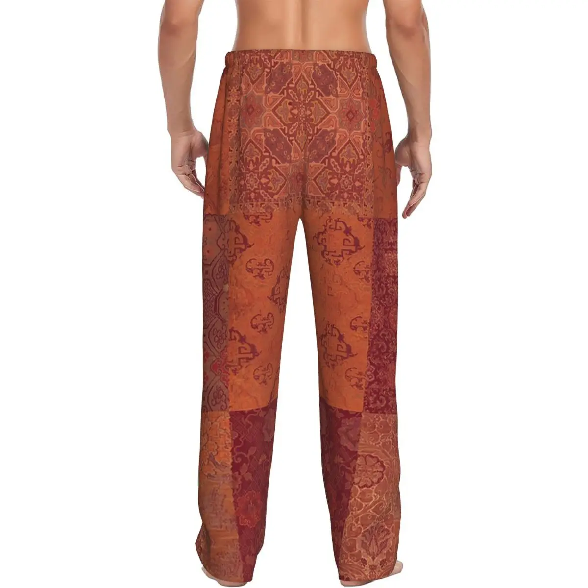 Custom Vintage Bohemian Quilt In Burnt Orange Men Pajama Pants Lounge Sleep Sleepwear Bottoms with Pockets