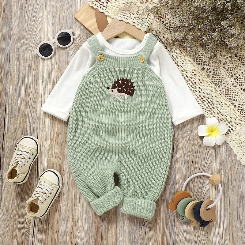 Baby Rompers Knitted Infant Boy Sling Jumpsuit Cute Embroidered Hedgehog Newborn Kid Clothing 0-18M Sleeveless Overalls Playsuit