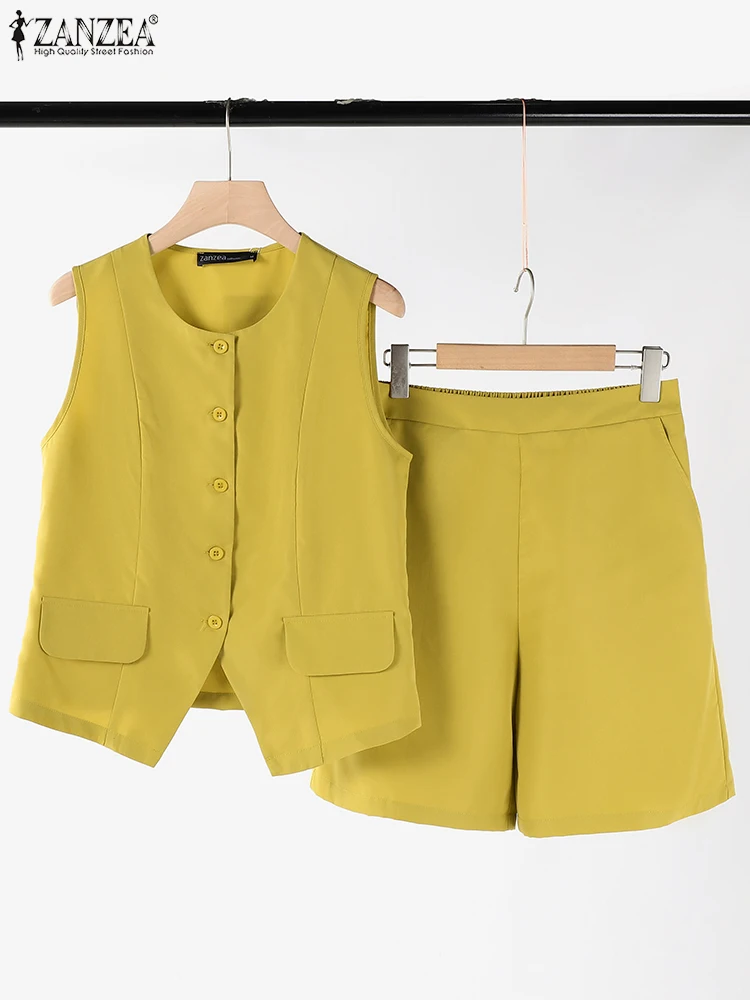 Summer Sleeveless Vest Outfits ZANZEA Women Office Lady Short Sets 2024 Vintage Pocket Short Suits Holiday 2PCS Matching Sets