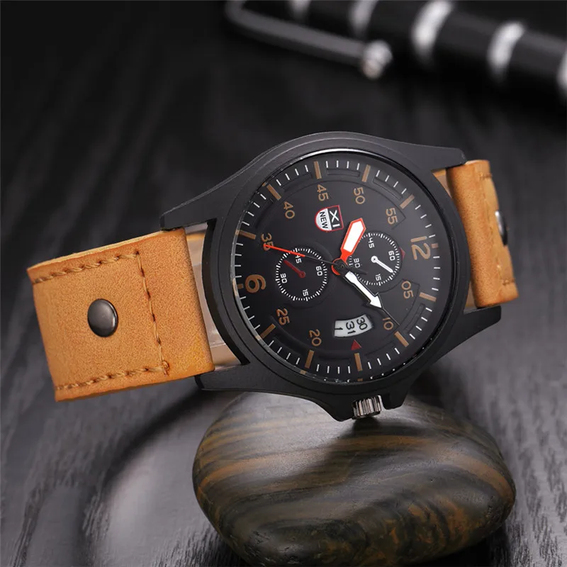 Men Genuine XINEW Brand Watches Students Boys Fashion Leather Band Sports Military Date Quartz Watch Relogios Masculinos 2024