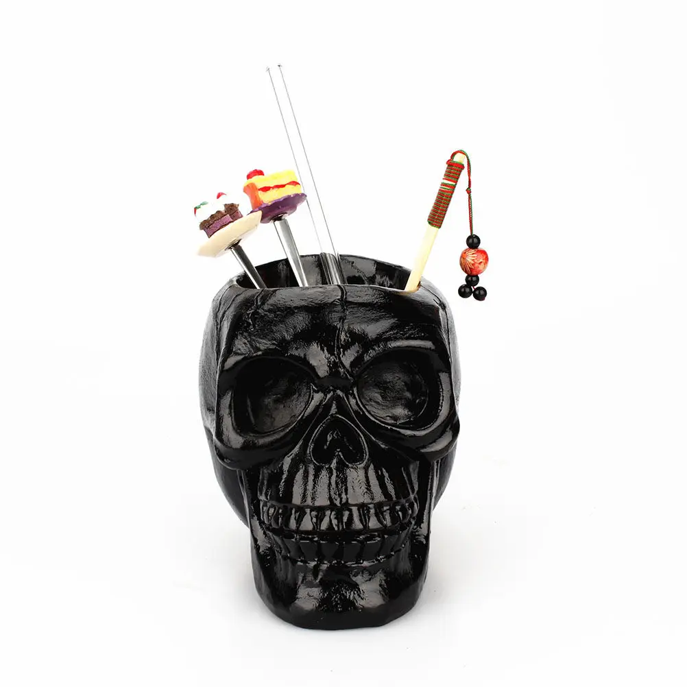 Black Skull Head Organizer Resin Pen Holder Makeup Tools Desktop Storage Flowerpot Stationery Decoration Skull Head Ornament