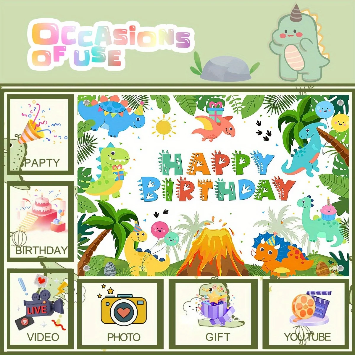 Cartoon Dinosaur Jungle Balloon Cake Volcano Pattern Backdrop - Perfect for Birthday Parties and Outdoor Photography