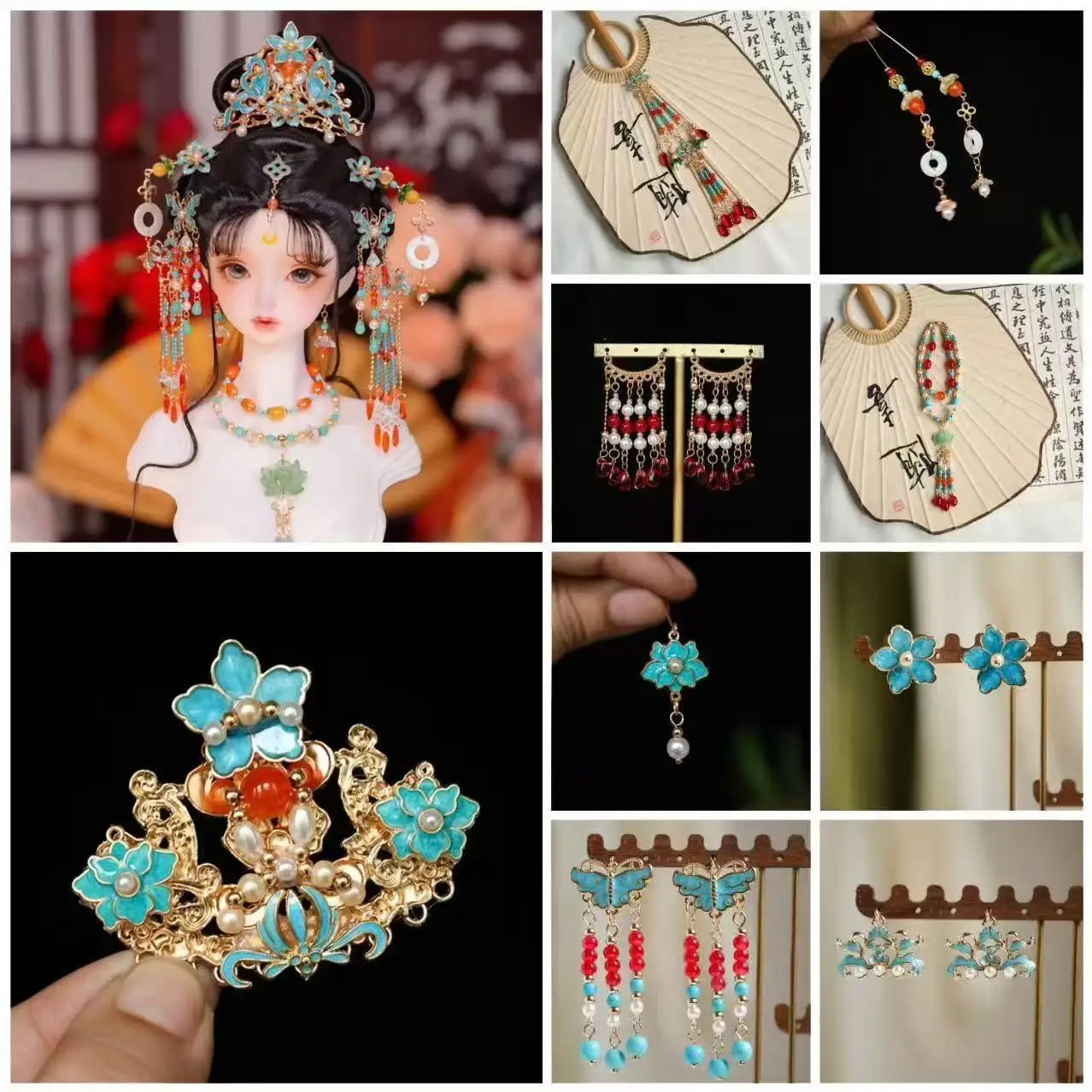 1/3 1/4 1/6 Doll Hair Accessories Set Turquoise Enamel Chinese Ancient Tassel Headdress Necklace For BJD Doll Hanfu DIY Dress‑up