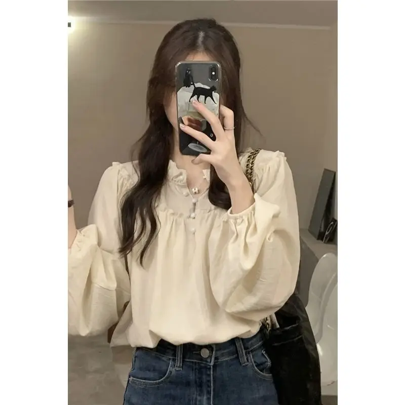 Bubble Sleeve Shirt Women\'s New Style with Black Fungus Edge Design French Retro Style Pullover Long Sleeved Top