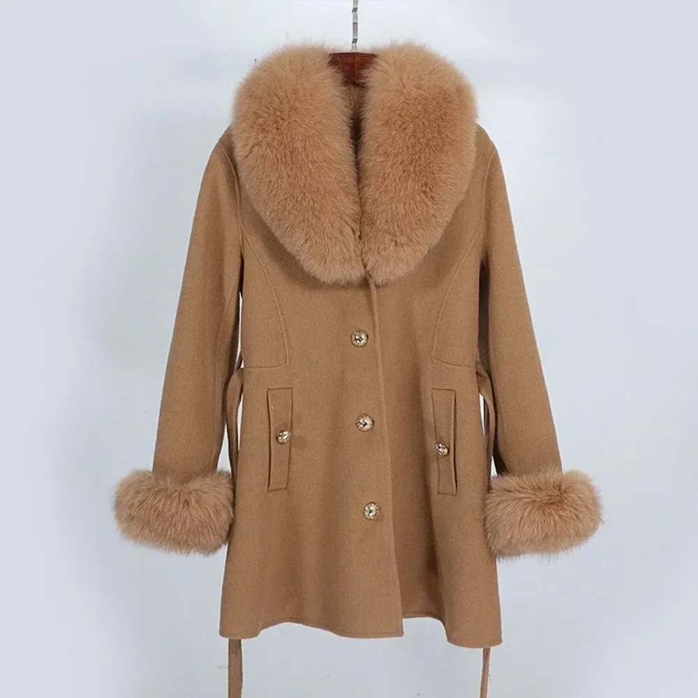 

Зимнее пальто из натурального меха 2025 с манжетами, пояс, кашемировая шерстяная куртка, женская шерстяная куртка с воротником из натурального лисьего меха, верхняя одежда, модная уличная одежда