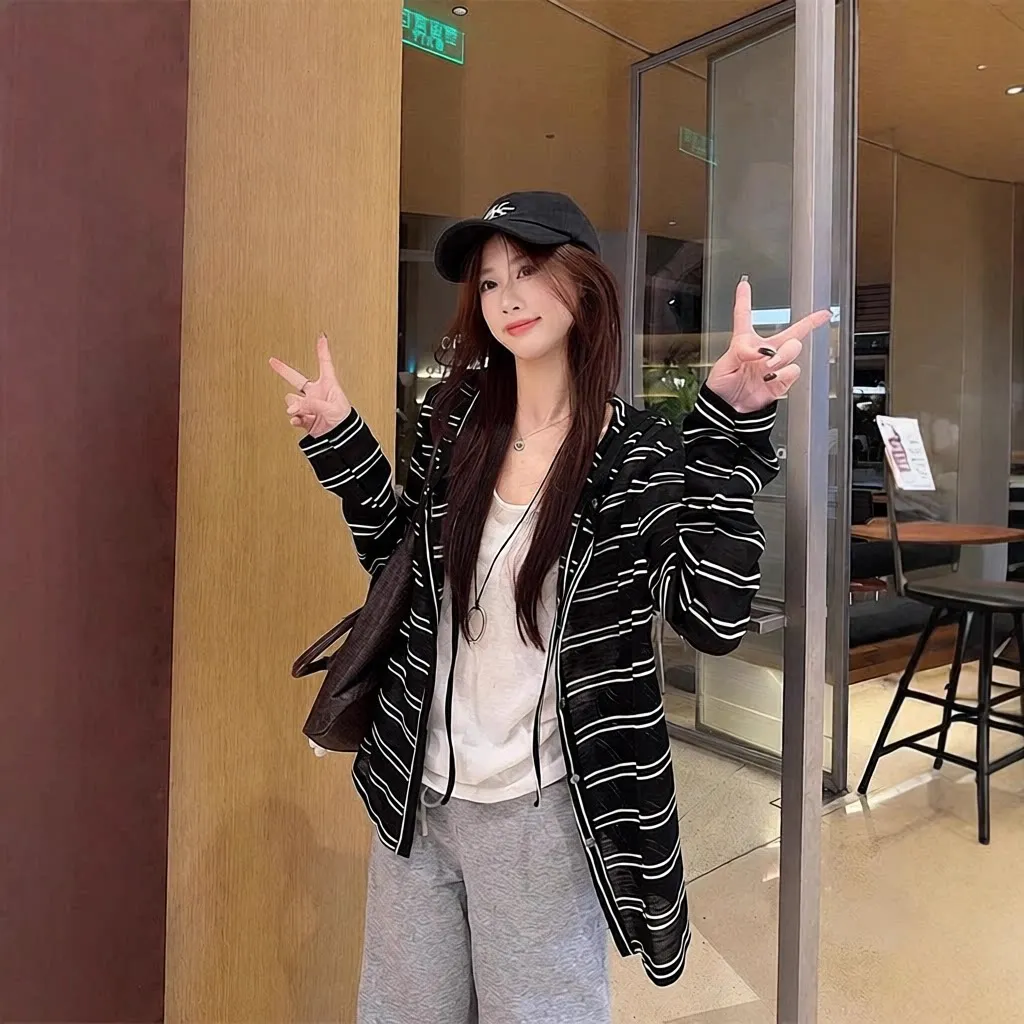 Retro Striped Hooded Jacket Women's Thin Long Sleeve Sun Protection Open Cardigan Lazy Style Loose Top Short Jacket Princess ...