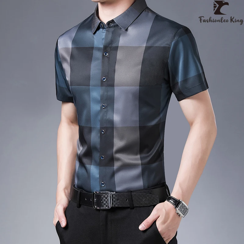 

Brand Summer Men's Short Sleeve Social Shirt Casual Plaid Shirts Dress Tops