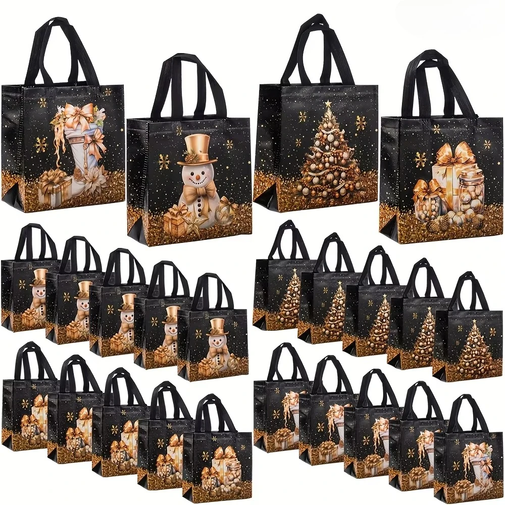 20pcs Festive Christmas Gift Bags - Snowman, Tree & Stocking Design,Non-Woven Tote Bags, 22.86x21.49x11.0 cm,Christmas Gift Bags