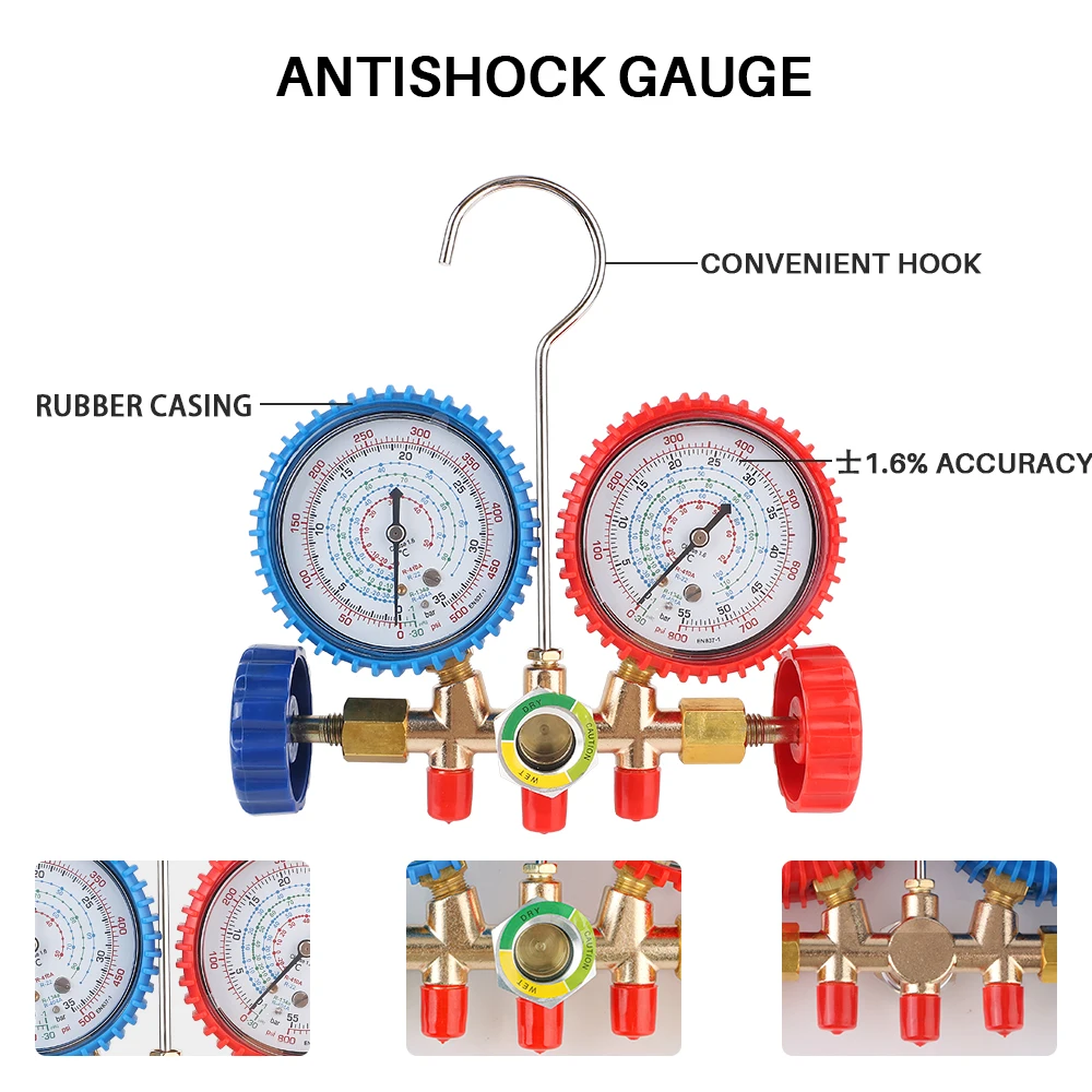 Refrigerant Dual Gauge Valve Tool Set Measuring Gauge Freon R314A R22 Air Conditioning Recharge Hose Car Air Conditioner Tools