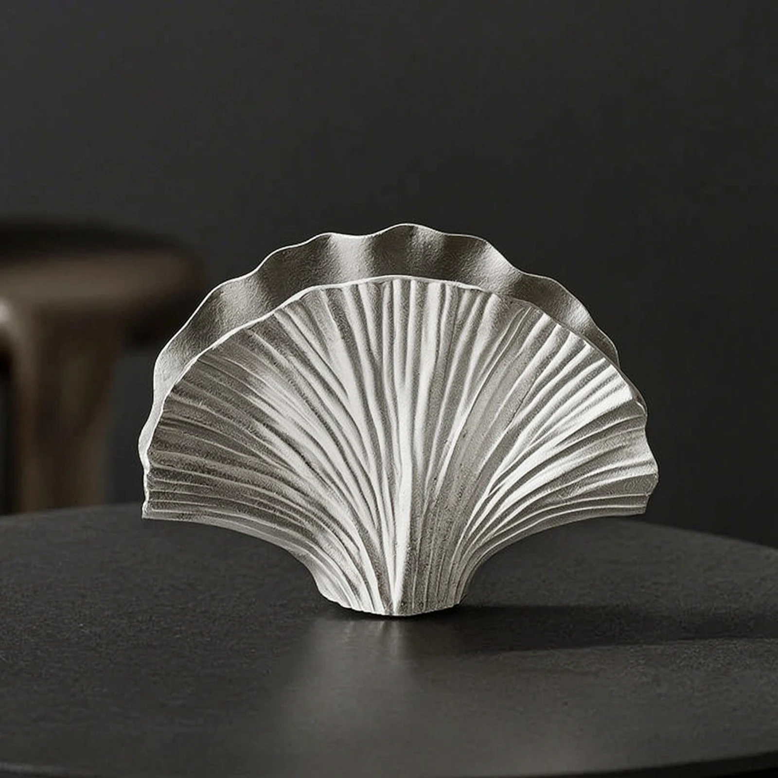 Ginkgo Leaf Vase Sculptural Aluminum Vase Silver Silver-Toned for Decorators, Tabletop, Living Room