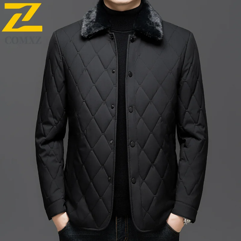 COMXZ New Winter Padding Jacket Men luxury Grade Thick Warm Removable Fur Collar  Padded Cotton Clothes Designer Windproof Parka