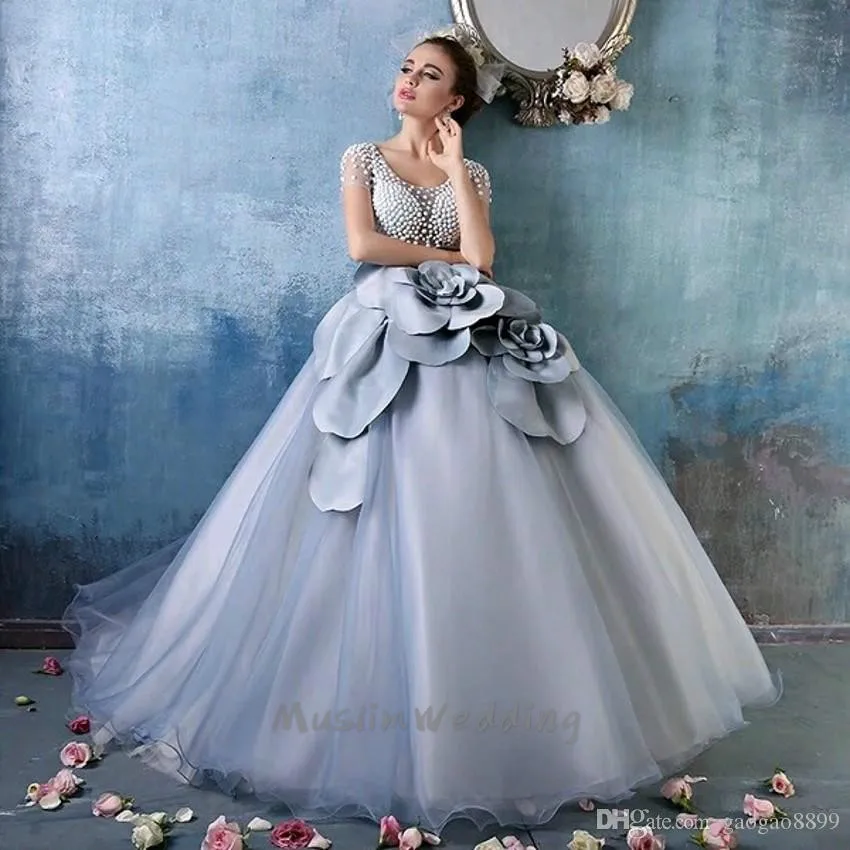 Cinderella Dusty Blue Debutante Baljurken Luxe Parels 3D Bloemen Korte Mouwen Full Length Prinses Quinceanera Jurken Sweet