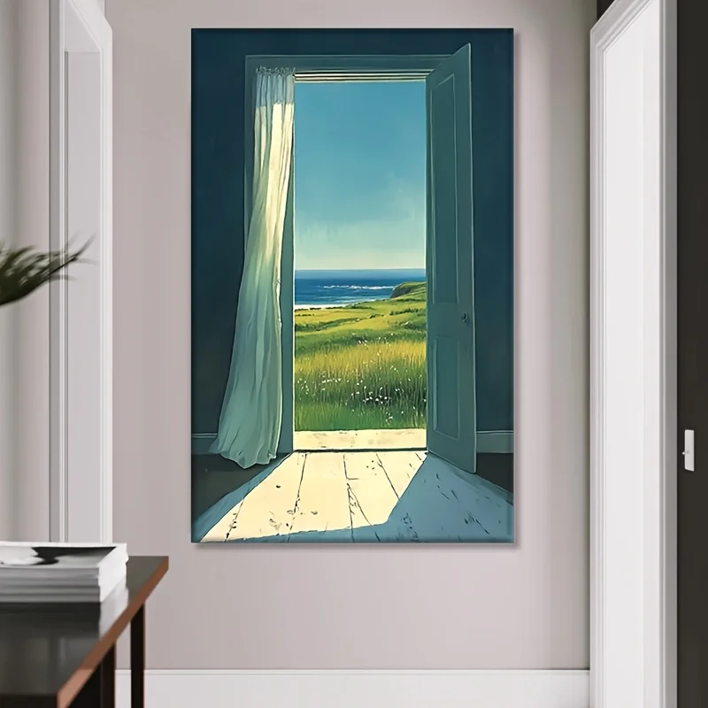 1pc Frameless Tranquil and Warm Decor Aesthetics,Seascape Wall Art,Green Grass Painting,Seaside Cottage Mural,Natural Decor
