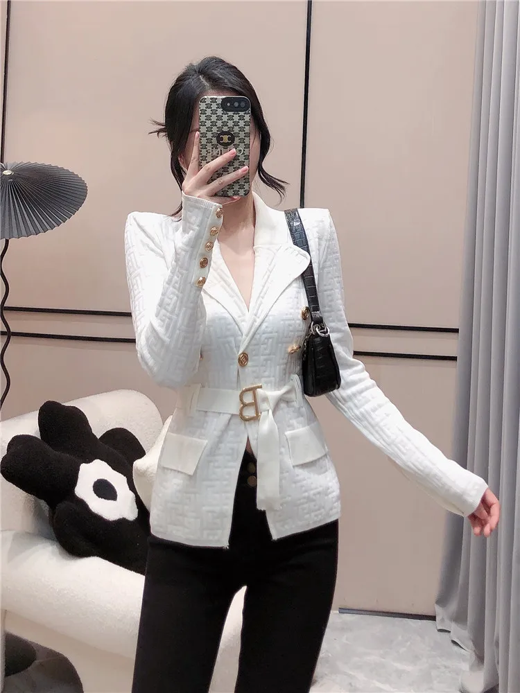 High Quality Women Fashion Autumn Vintage Elegant Temperament Long Sleeve Knitted Cardigan Belt Blazer Jacket Coat