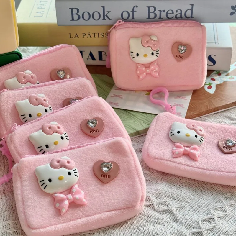 Mininstants Sanurgente-Porte-monnaie en peluche rose mignon pour femme, porte-cartes, pendentif, mini sac à main, cadeau pour enfant, coeur Girly, Hello Kitty