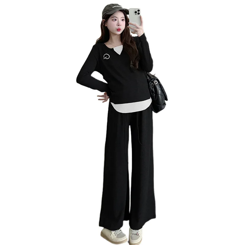 2025 ملابس الحمل المريحة الشتاء وهمية طبقتين متماسكة مع بنطال ذو قصة أرجل واسعة الاسترخاء الأمومة قطعتين مجموعة مريحة