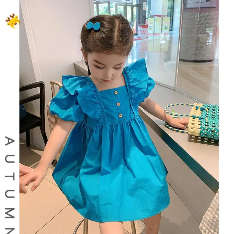 Children\'s Dress Girl\'s 2024 Summer New Korean Edition Pure Cotton Bubble Sleeves Dress Children\'s Princess Dress 1-8Y