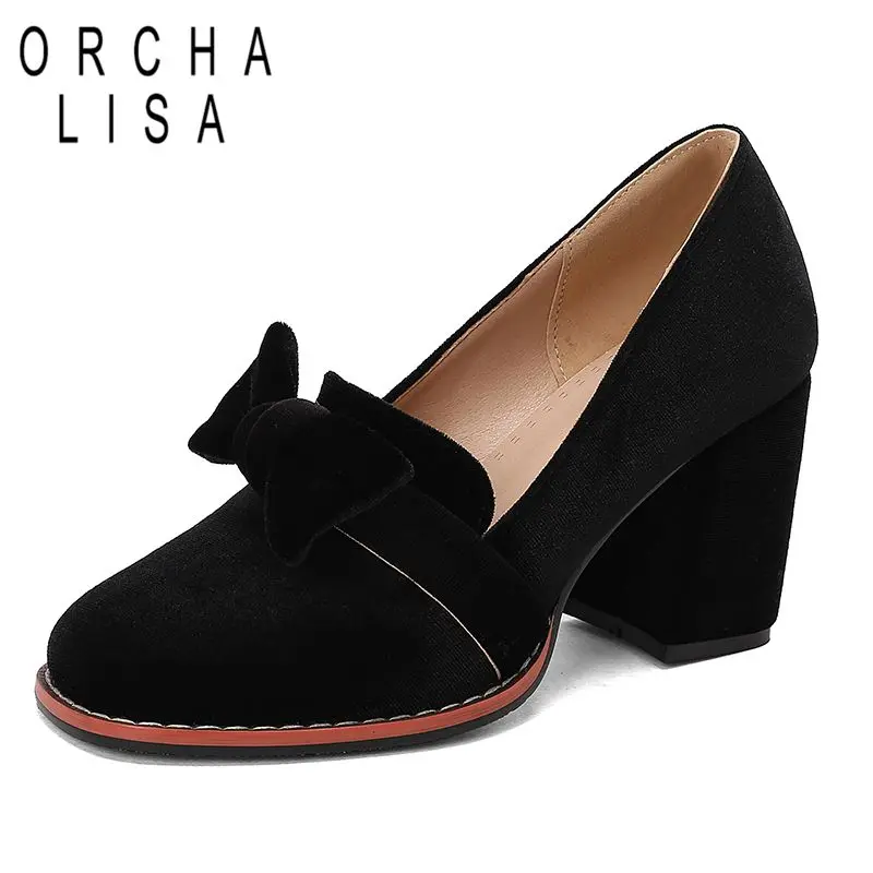 

ORCHA LISA 2025 Новые женские туфли-лодочки с квадратным носком на массивном каблуке 8 см без шнуровки с бантом из флока, замша, большой размер 45 46 47 48 Офисные женские туфли