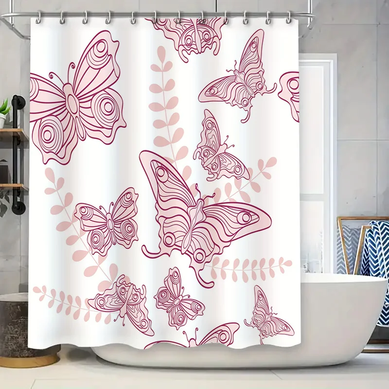 

Pink Butterfly Shower Curtain Decorative Waterproof Bath Rug Mat for Home Decoration Bathroom Liner in White Black 84x72 inches