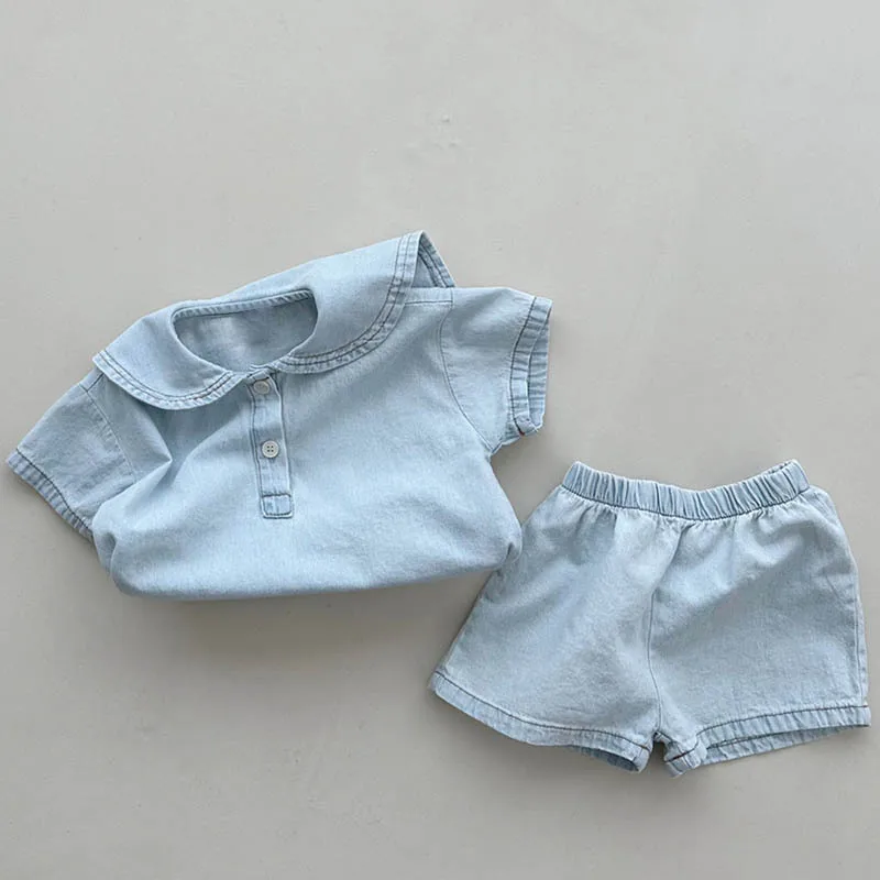 Summer Children's Set Denim Blue Girl Short-Sleeved Top and Shorts, Stylish College Lapel Loose Casual Boy Baby Denim Set