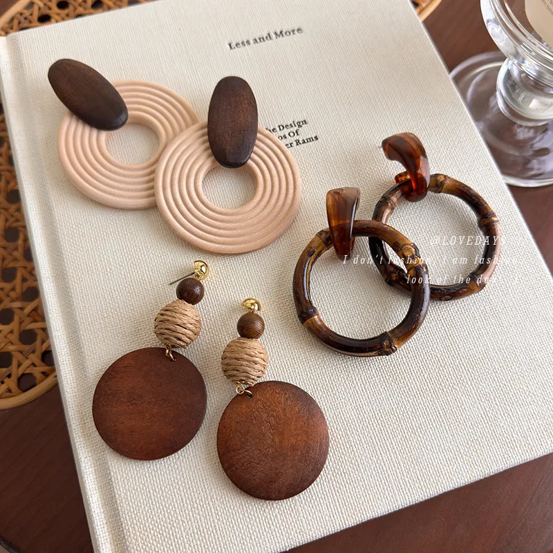 Bohemian Wooden Round Geometric Color Block Earrings for Women Premium Lightweight Non Slip Boho Resort Vacation Daily Wear