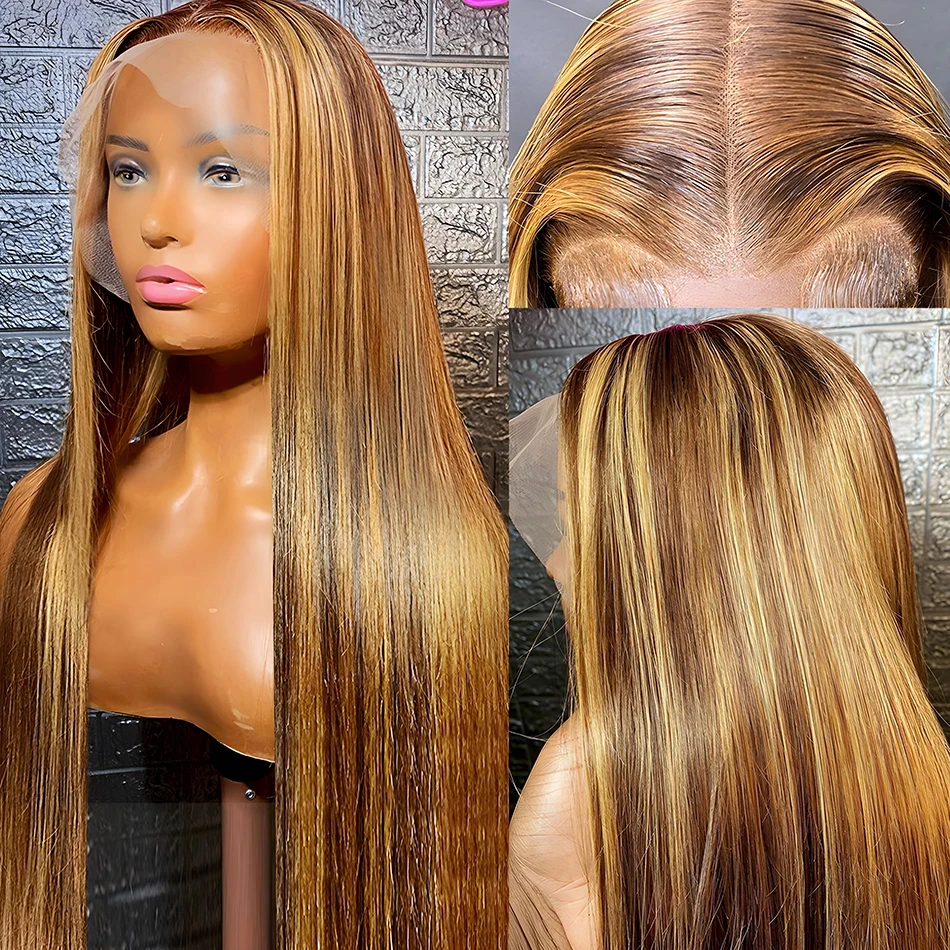 Peruca brasileira de destaque reto para mulheres, cabelo humano, parte de renda, ombre, marrom, loira de mel, pré arrancada, 30 libras, 13x6