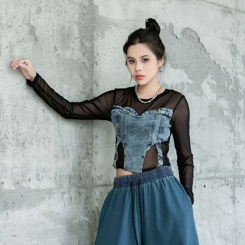 Denim Mesh T Shirt For Women Fake 2 Pieces Y2k Clothes Ropa De Mujer Spring Autumn Korean Fashion Sexy T-shirts