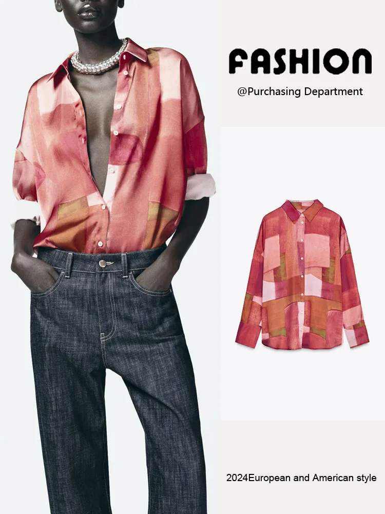 

Spring New Arrival Women's Casual Long Sve Silk Satin Feel irt Geometric Print Commute Sle Regular Length