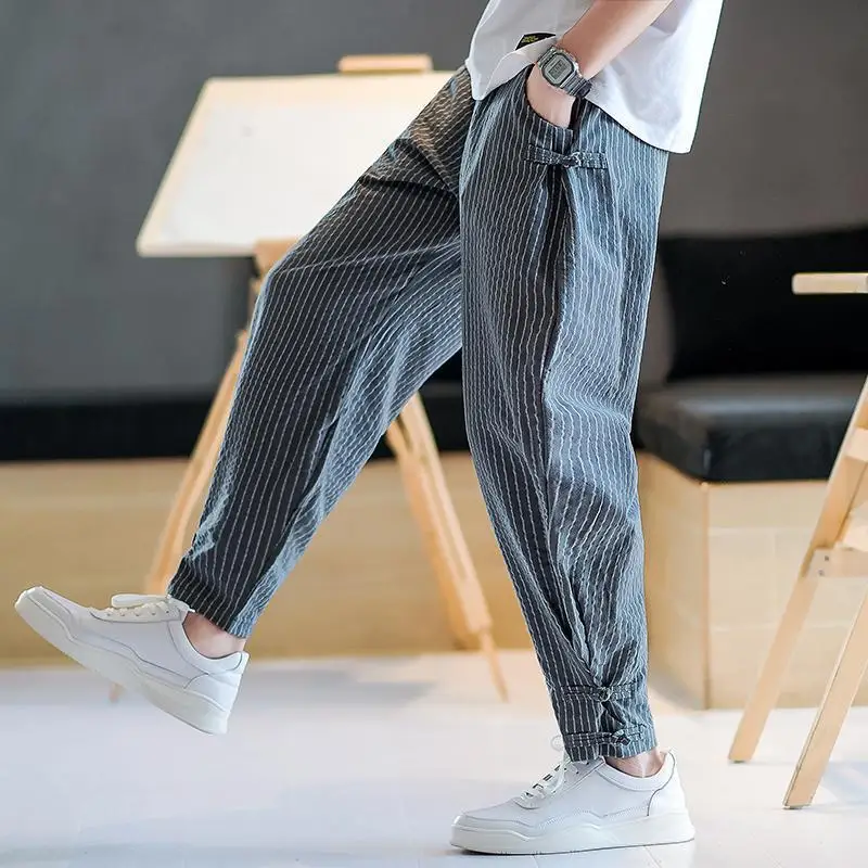 Men's Plus Size Linen Blend Joggers Slim Fit Tapered Ankle Pants Lightweight Striped Casual Trouser