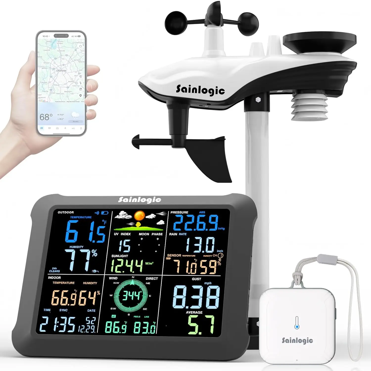 

Smart WiFi Weather Station with Indoor Outdoor Sensors, Wind Speed Rain Gauge UV Alerts & Data Export