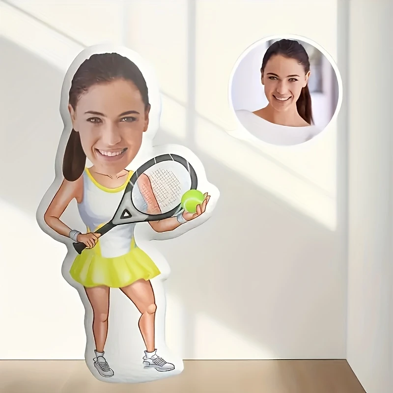 1pc - Custom Portrait Plush Pillow Featuring a Cartoon Tennis Player, Double-Sided Printed Images, Personalized Plush Cushion, a