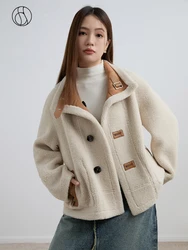 DUSHU Reversible Grain Velvet Imitation Sherpa Short Jacket Coat for Women Retro Drop Shoulder Straight Coat Female Winter New