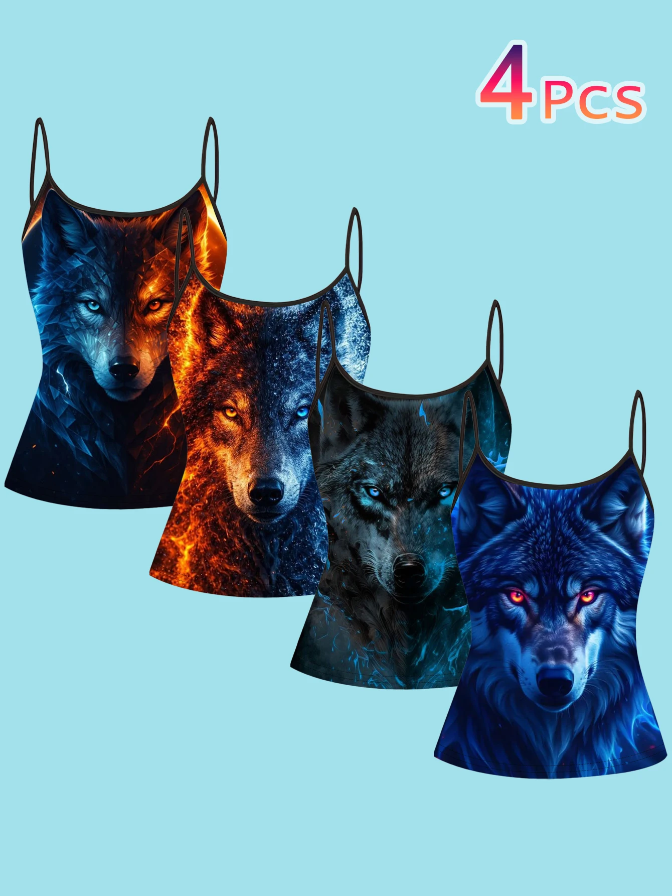 4-Piece Set of Women's Ice and Fire Wolf Head Print Spaghetti Strap Camisole Slim Fit Base Layer Tops