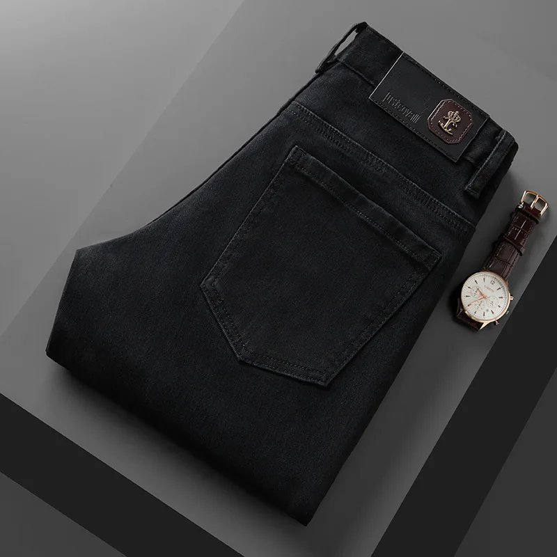 High end outono novos jeans masculinos 2025 na moda magro ajuste tubo reto elástico versátil casual preto calças compridas
