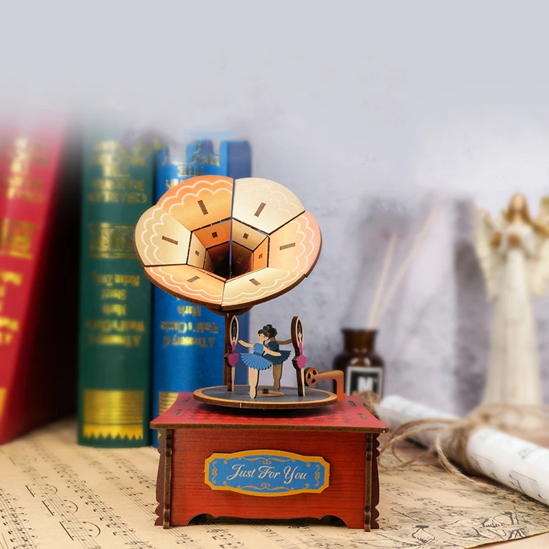 DIY 3D Wooden Phonograph Music Box Miniature Model Kits Jigsaw Puzzles Can Move for Children Birthday Gifts Home Decoration