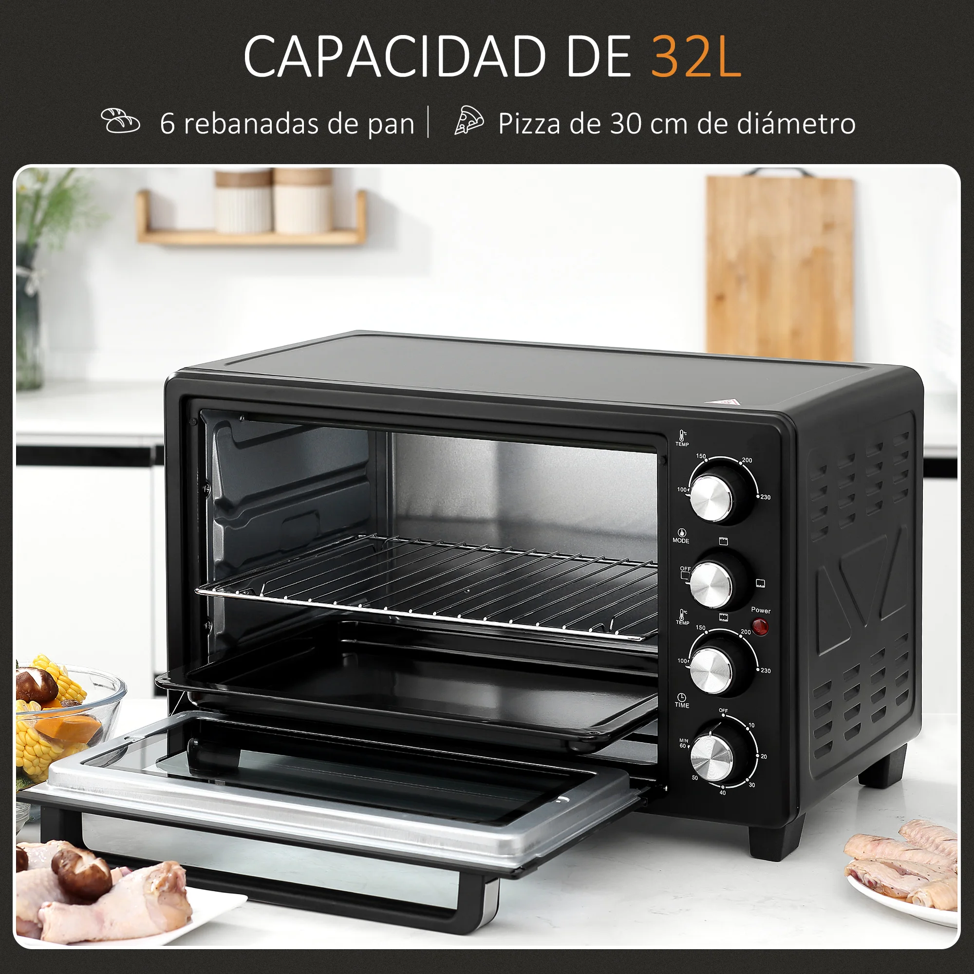 HOMCOM Horno Elendrico de Sobremesa 32L 1600W con 3 Modos de Calor Temporizador y درجة حرارة قابلة للتنظيم 52,2x38,1x33,5 سم Negro