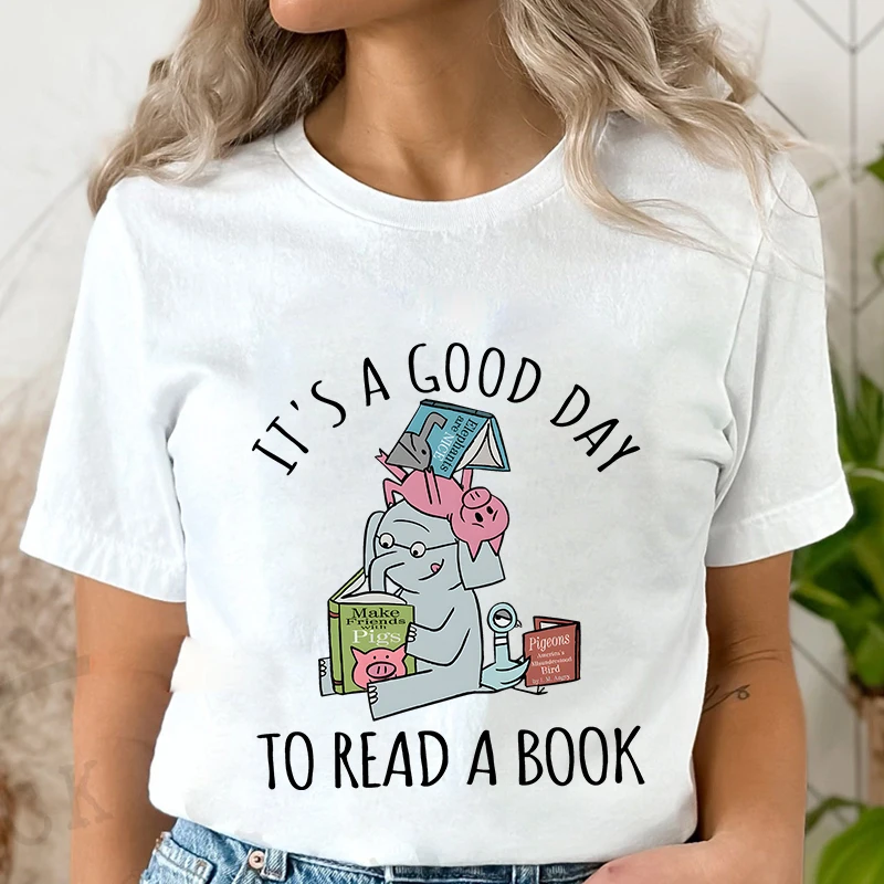 

Its A Good Day To Read T-shirts Women Book Lover Teacher Tshirts Elephant Cartoon Women's Clothing Vintage Women T-Shirts Tops