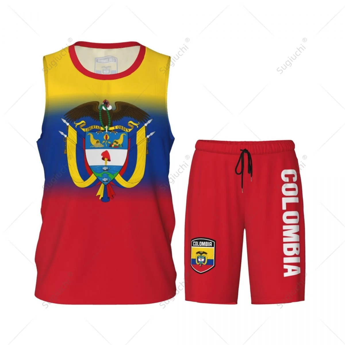 Conjunto de camiseta de baloncesto con bandera de Colombia para hombre, camisa y pantalones de malla, sin mangas, exclusivo, con nombre personalizado, Nunber, Unisex