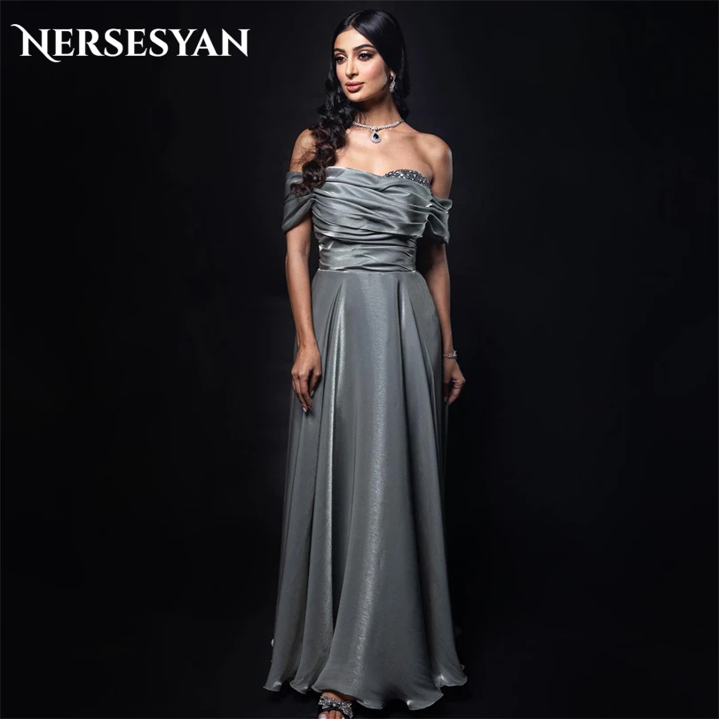 

Nersesyan Fashion Satin Formal Evening Dresses Off The Shoulder Elegant Pleats Party Gown Long A Line Draped Vestidos De Fiesta