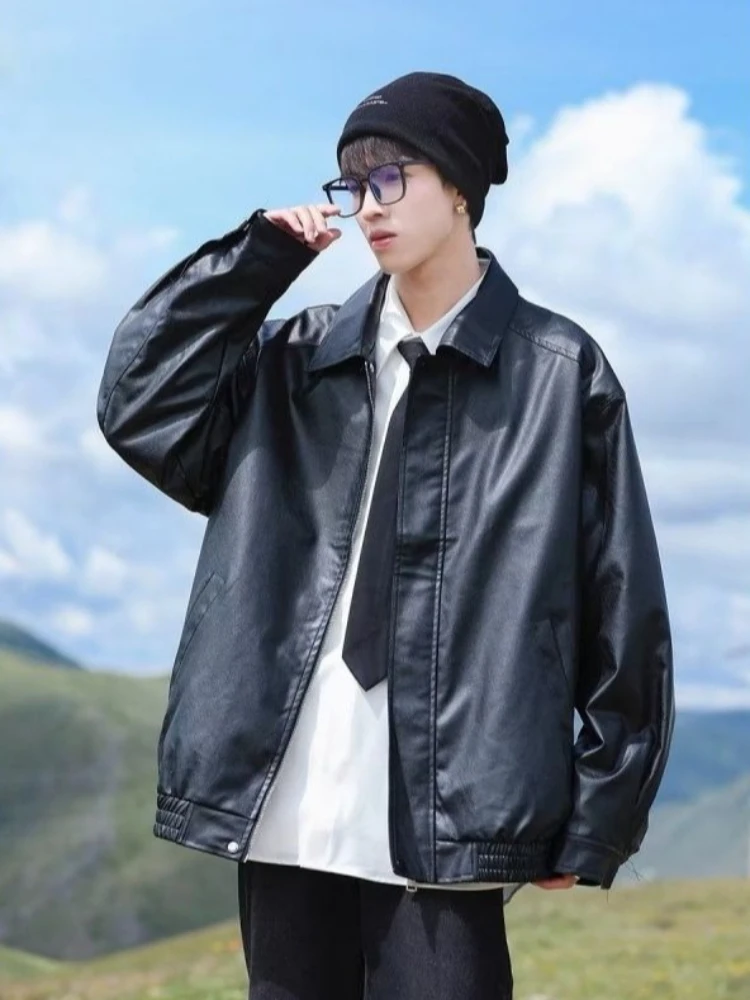 Trendy High Neck PU Leather Jacket with Zip Details Men Women Retro Biker Outfit for Cool Weather​