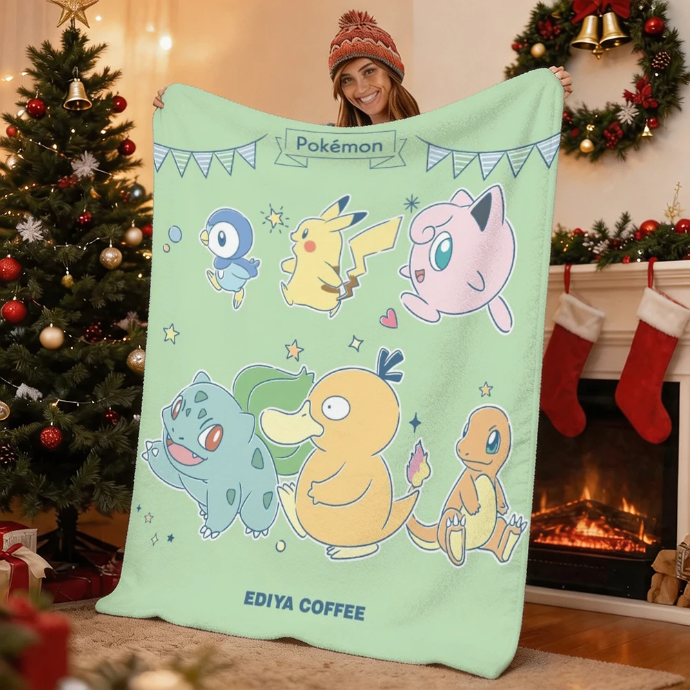 Pokemon Pikachu Gengar Bulbasaur Charmander Squirtle Psyduck Flannel Throw Blanket Soft Warm Blanket for Sofa Bed Home Decor Gif