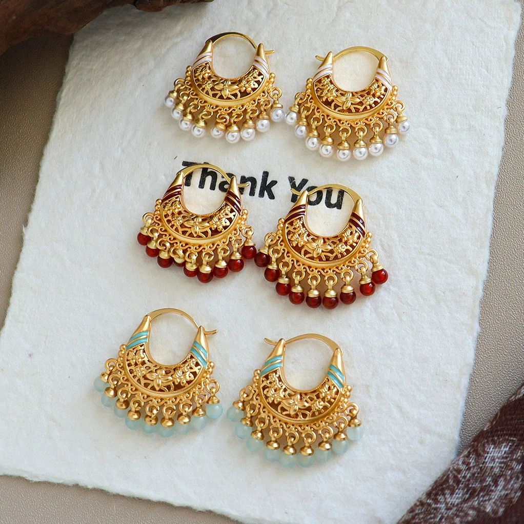 

Retro Exquisite Oil Dripping Natural Stone Tassel Agate Pearl Earrings Light Luxury High-end Ear Buckle Earrings Design Niche