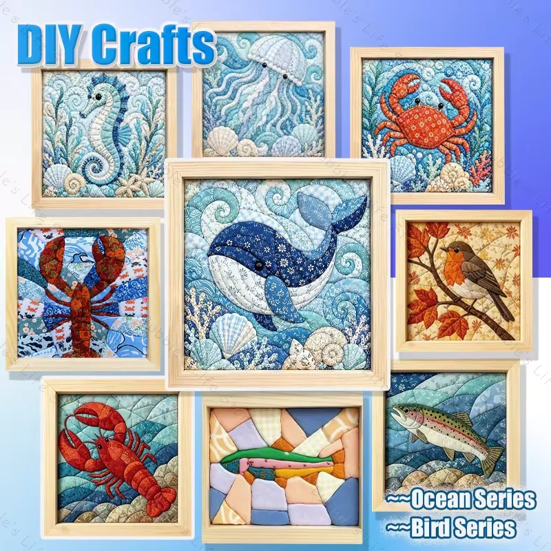 Premium No-Sew Kinusaiga Fabric Art Kit Marine/Bird Series Animals, DIY No-Sew Kinusaiga Fabric Art Kit, Cut Cloth Handcraft Kit