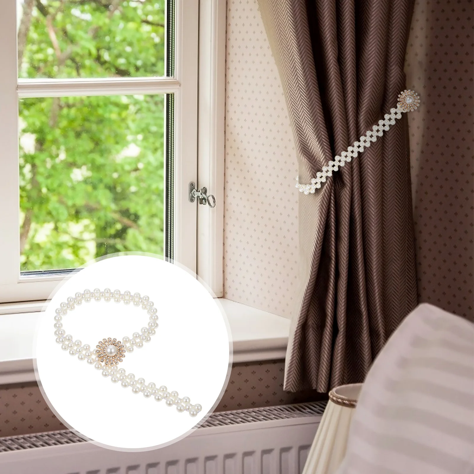 

2pcs Curtain Tiebacks Imitation Pearl Decor Elastic Belts For Living Room Bedroom Window Holders No Drill Installation Wear