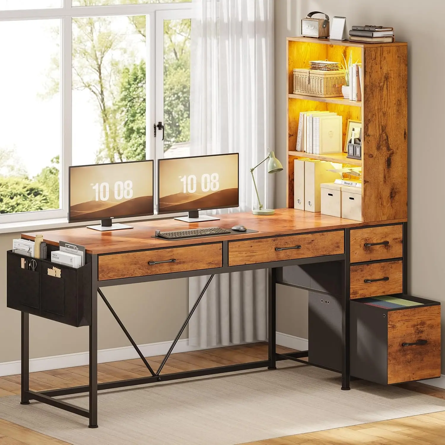 

Reversible 5-Drawer Computer Desk with Bookshelf, File Drawer & LED Shelves, Rustic Brown, Customized