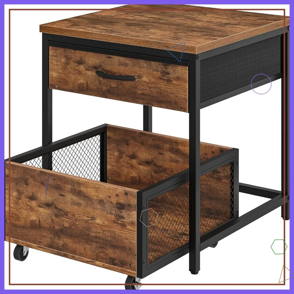 

19.7" Square End Table with Storage, Mini Fridge Stand, Nightstand with Mobile Basket, Rustic Brown and Black