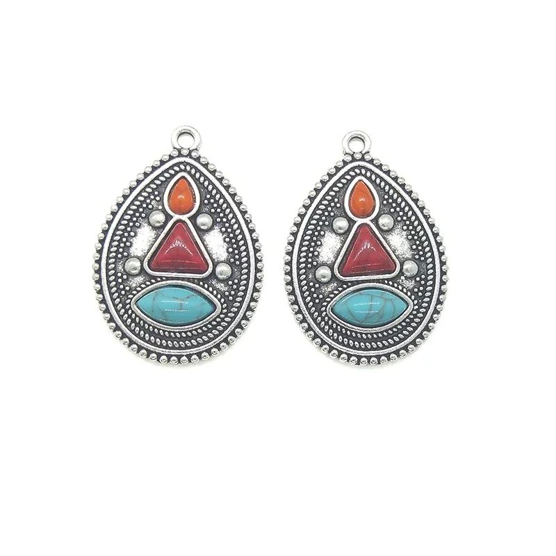 New 2pieces/bag 38*27MM Retro Zinc Alloy Inlaid Acrylic Beads Water Drop Pendant for DIY Jewelry Necklace Accessories Gifts